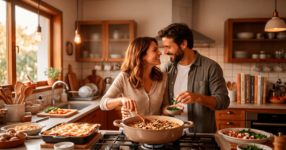 Casal sorrindo enquanto cozinha junto na cozinha de casa