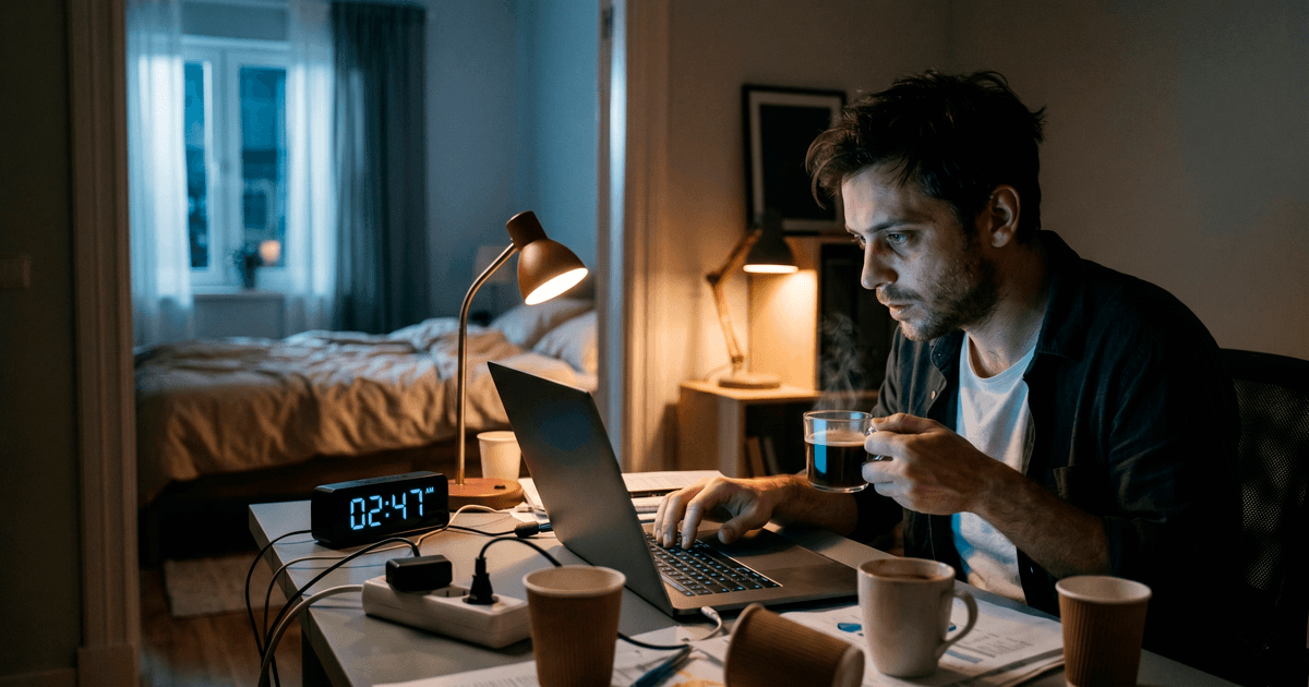Homem exausto trabalhando no computador de madrugada tomando café, ilustrando a importância estratégica do sono para a produtividade. Como melhorar minha produtividade. Como estudar melhor.