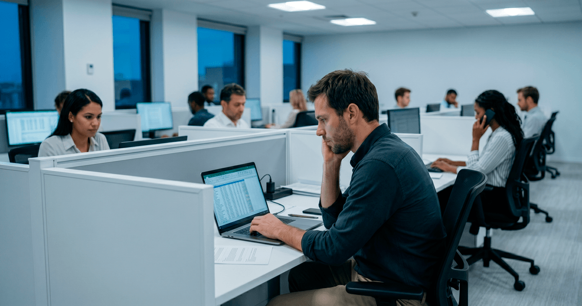 Homem em escritório minimalista expressando cansaço mental ao trabalhar no computador no fim do dia, ilustrando o conceito de esgotamento mental e fadiga de decisão.